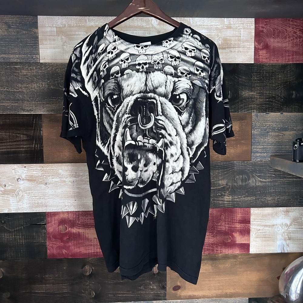 Vtg Liquid Blue Bulldog T Shirt Mens XL Hiphop Streetwear Black 1996 All Over